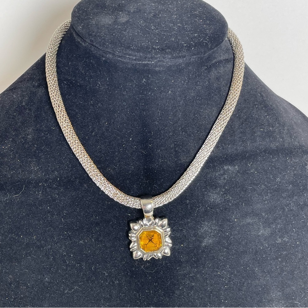 Silver Tone Mesh Choker Necklace with Amber and Silver Tone Pendant - Picture 2 of 8